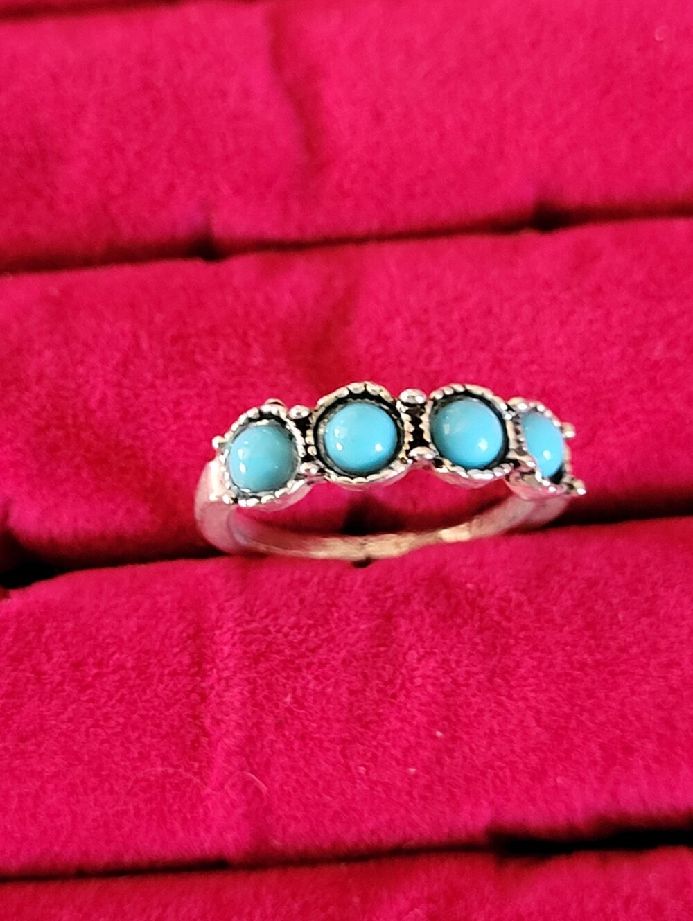 Silver Tone Turquoise Bezel Set Stones Ring - Size 5